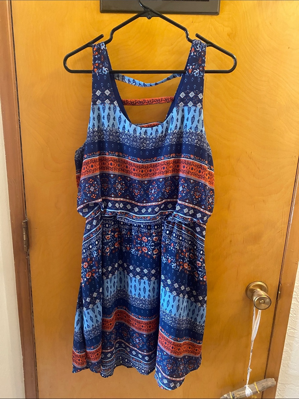 Xhilaration Navy and Sky Blue Strappy Boho Dress with Orange Accents